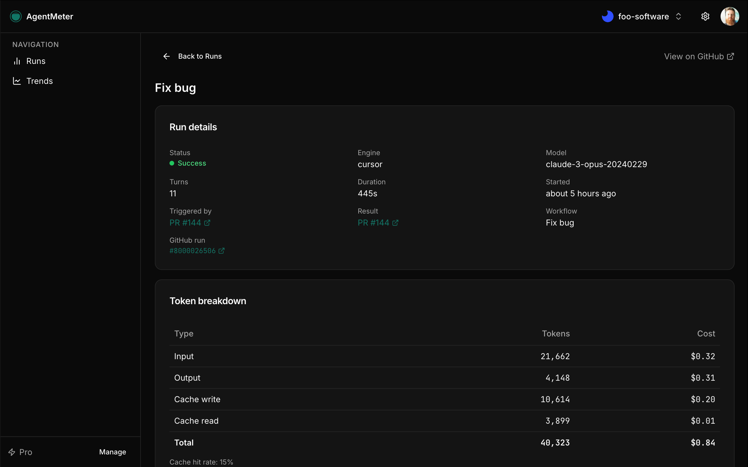 AgentMeter run detail — full token breakdown including input, output, cache writes, and cache reads